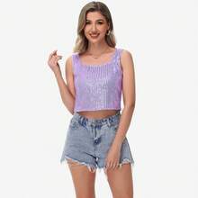 Women's Sequin Square Neck Tank Top With Sleeveless Design And Cropped Fit - Purple - 紫色 - 查看 6