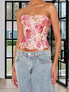 Women Y2k Lace Tube Top Sheer Mesh Strapless Bandeau Top Aesthetic Backless Shirts Going Out Streetwear Women 's Y2K Floral Print Strapless Tube Top Off Shoulder Backless Bandeau Tank Aesthetic Crop Corset Top - 粉色 - 查看 5
