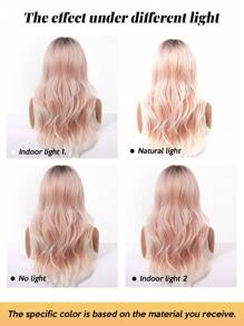 24 英寸大波浪假发，粉色渐变色，女士合成假发，时尚度假风格玫瑰网帽，耐热，外观自然