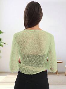 Womens Fish Net Knitted Tie Up Bolero Shrug Top Ladies 3/4 Sleeve One Size Fits All - Lemon - View 5