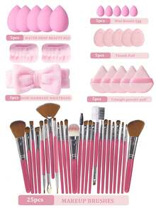 50件套化妆刷套装，混合化妆美容工具，包括：25支化妆刷、1个化妆包、5个美妆蛋、5个粉扑、5个迷你美妆蛋、5个迷你指套粉扑、1个发带、2个腕带、1个清洁工具。化妆刷套装、化妆刷套装、化妆刷套装、全套化妆刷、化妆刷套装、全套化妆工具、化妆刷套装、化妆刷套装、化妆礼盒套装