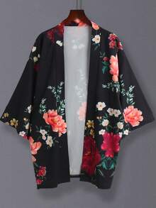 Vintage Floral Print Loose Kimono Cover Up, 3/4 Sleeve, Chinese Style, Lightweight Breathable Fabric, Casual Beach Cover-Up, Summer Fashion Outerwear - Black - View 2
