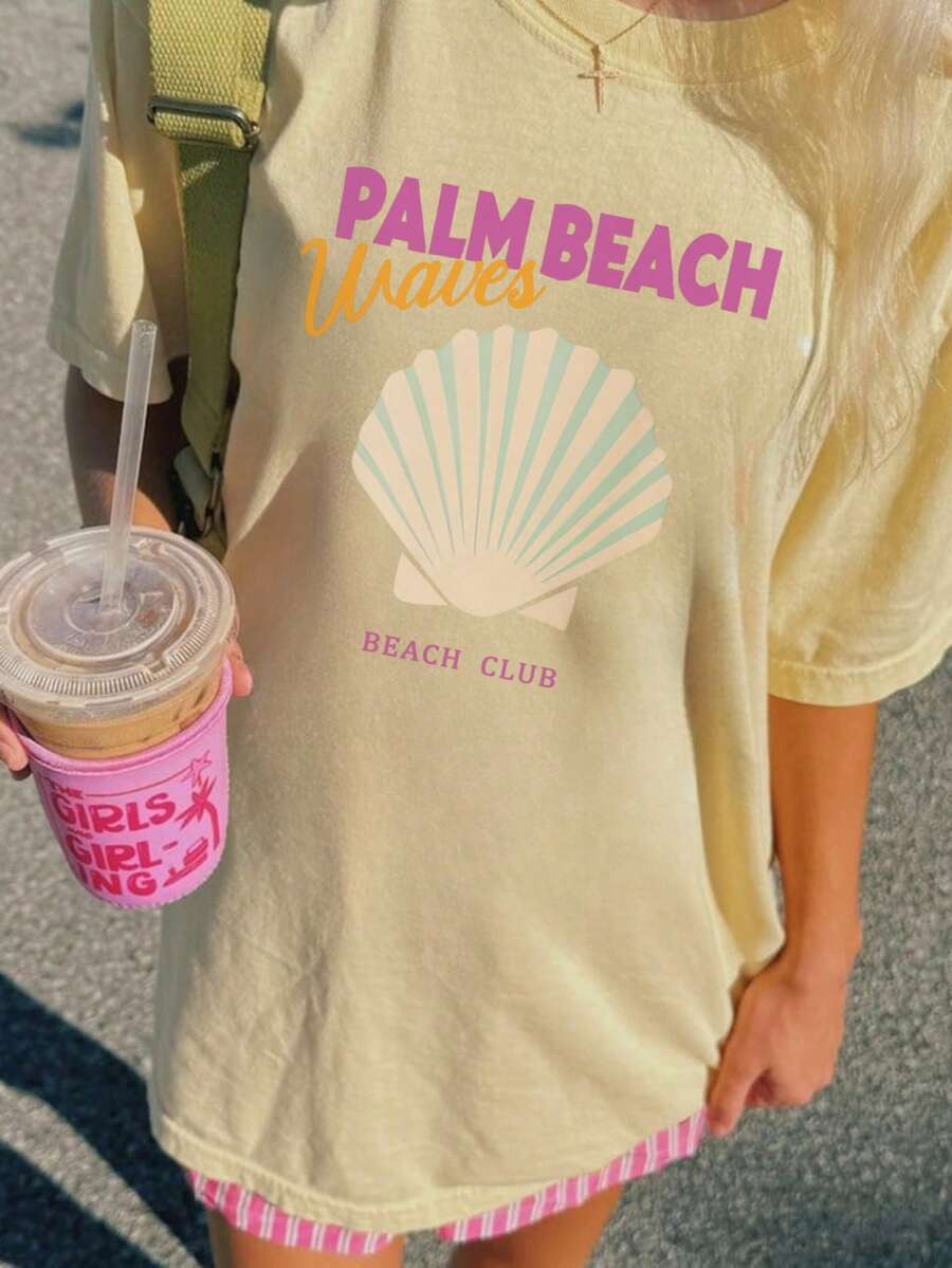 T-shirt à col rond à manches courtes avec imprimé lettres et coquillages, style décontracté et vacances pour femmes. Mode polyvalente, Top pour femmes, t-shirt graphique, Top blanc, Top rose - Nude - Voir 1