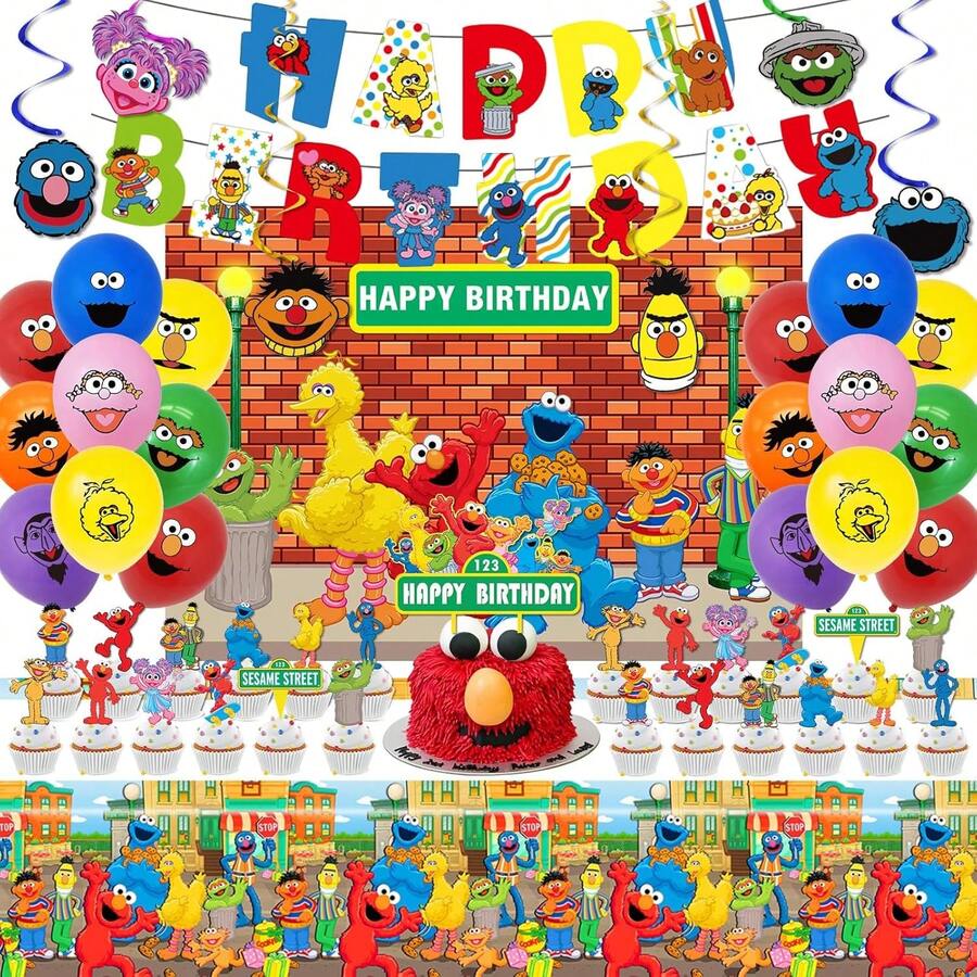 Sesame Friends Street Birthday Party Supplies, Party Decorations Set Include Banner, Backdrop, Balloons, Hanging Swirls, Cake Cupcake Toppers, Tablecloth For Boys Girls Sesame Theme Party,10849374 - Màu xanh hải quân - Xem 1