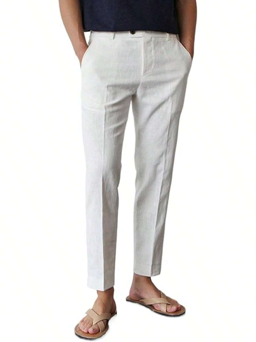 Linen Pants Men Slim Fit Elastic Waistband Lightweight Summer Beach Fashion Casual Pant-20256688 - trắng - Xem 1