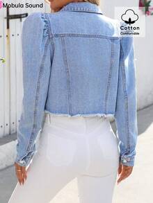 Chaqueta corta de mezclilla desgastada con mangas abullonadas, versátil y casual para mujeres en primavera y verano - Azul - Ver 6