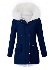Women's Reversible Long Sleeve Jacket With Fur Collar, Autumn/Winter - Navy Blue - View 6