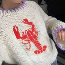 .Women's Knitted Cardigan Sweater Coat Autumn And Winter Long Sleeve Round Neck Lobster Print Button Top Knitted Women's Coat Jacket - 紅色 - 查看 3