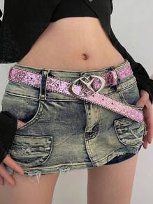 1pc Women's Pink PU Material Double Crescent Star Personalized Belt Fall, Autumn, Halloween