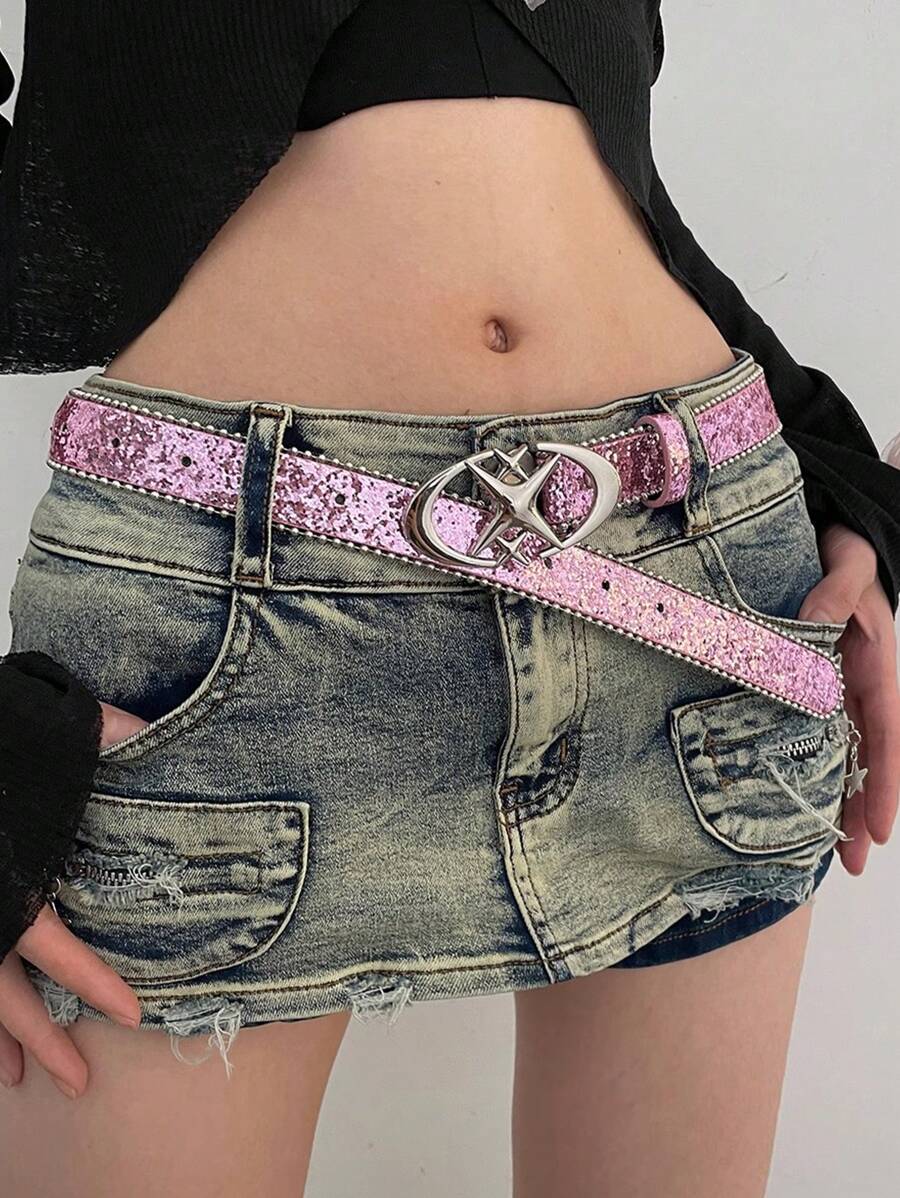1pc Women's Pink PU Material Double Crescent Star Personalized Belt Fall, Autumn, Halloween