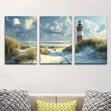 Bộ 3 tranh canvas chủ đề bãi biển và hải đăng - Không khung, trang trí tường phong cách cổ điển cho phòng khách, văn phòng, quán cà phê - Quà tặng lý tưởng cho sinh nhật, ngày lễ, ngày lễ tình nhân, trang trí theo chủ đề bãi biển - Nhiều màu - Xem 1