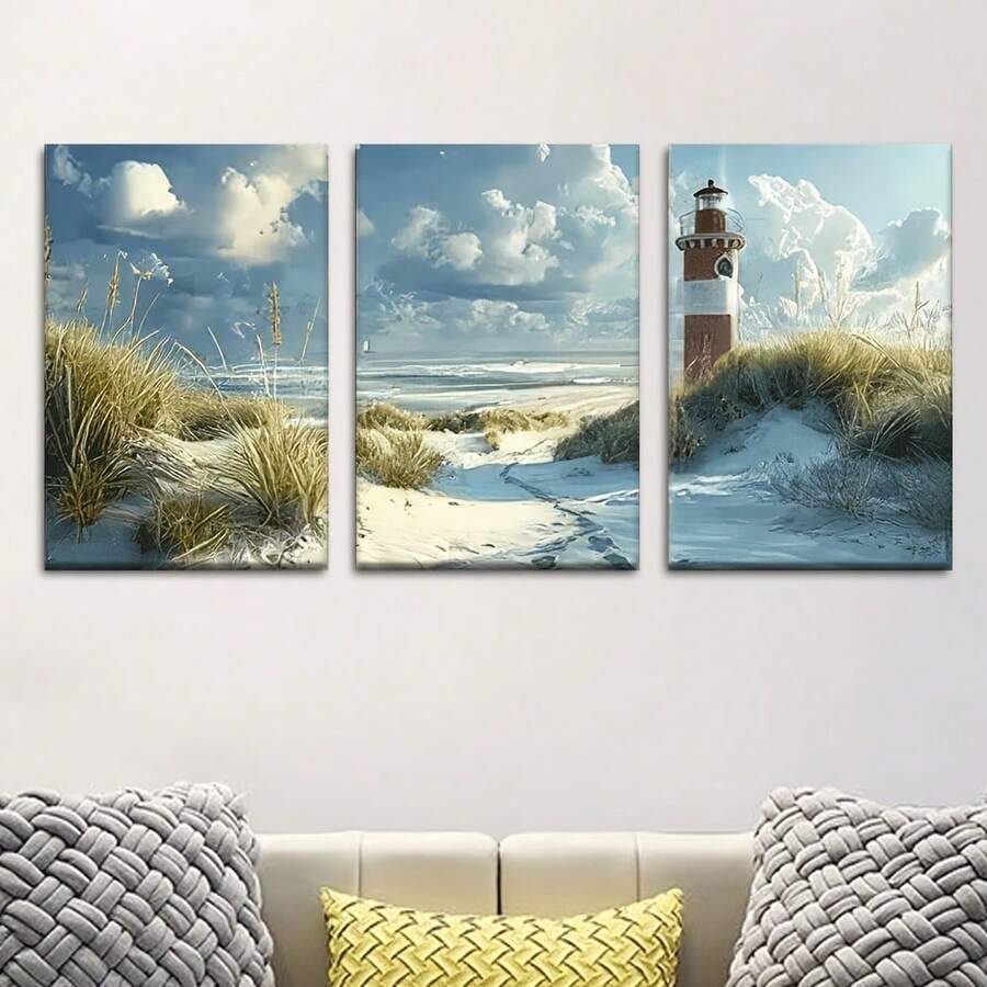 Bộ 3 tranh canvas chủ đề bãi biển và hải đăng - Không khung, trang trí tường phong cách cổ điển cho phòng khách, văn phòng, quán cà phê - Quà tặng lý tưởng cho sinh nhật, ngày lễ, ngày lễ tình nhân, trang trí theo chủ đề bãi biển - Nhiều màu - Xem 1
