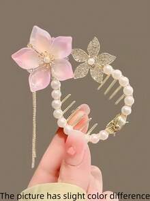 1个花朵仿珍珠水钻蝴蝶结流苏优雅发爪夹，时尚发夹，适合日常佩戴，爪夹，发夹，发卡，发卡，花朵，适合女士度假装扮，蝴蝶结，可爱，适合派对造型，头部配饰，女士发饰 - 粉色 - 查看 7