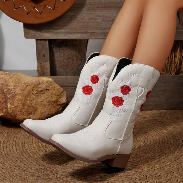 Women's New Fashion Versatile Square Toe Slip-On Mid-Calf Boots, Solid Color Western Style Embroidery, Suitable For Beach, Resort, Outdoor, All Seasons