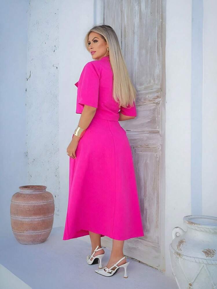 Women's Linen 2-Piece Set Premium Skirt And Blouse Simple Elegant Casual Buttons On The Front Pocket Office - Pink - View 2