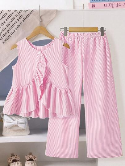 Left Mama Conjunto de top sin mangas a rayas con volantes asimétricos y pantalones rectos para niñas, informal de verano