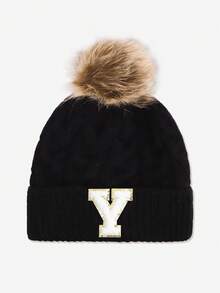 1pc Baby & Toddler Letter Pom Pom Knit Hat, 26 Letters Available, Knitted Cap, Suitable For Baby Boys & Girls Everyday Wear In Autumn/Winter - Black - View 30