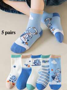 5双儿童春秋袜适合所有季节可爱宇航员袜男童袜女童袜 - 彩色 - 查看 1
