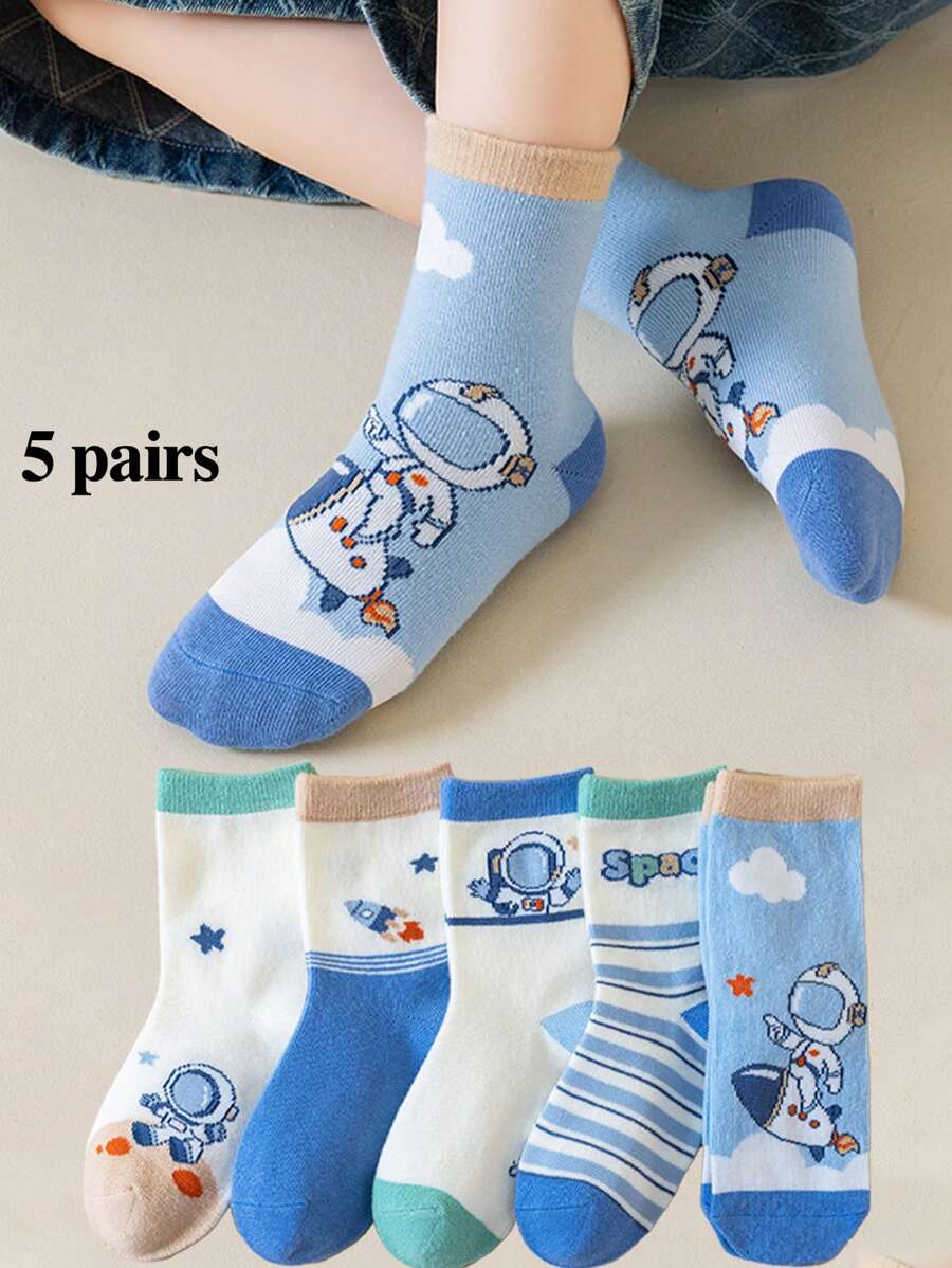 5双儿童春秋袜适合所有季节可爱宇航员袜男童袜女童袜 - 彩色 - 查看 1