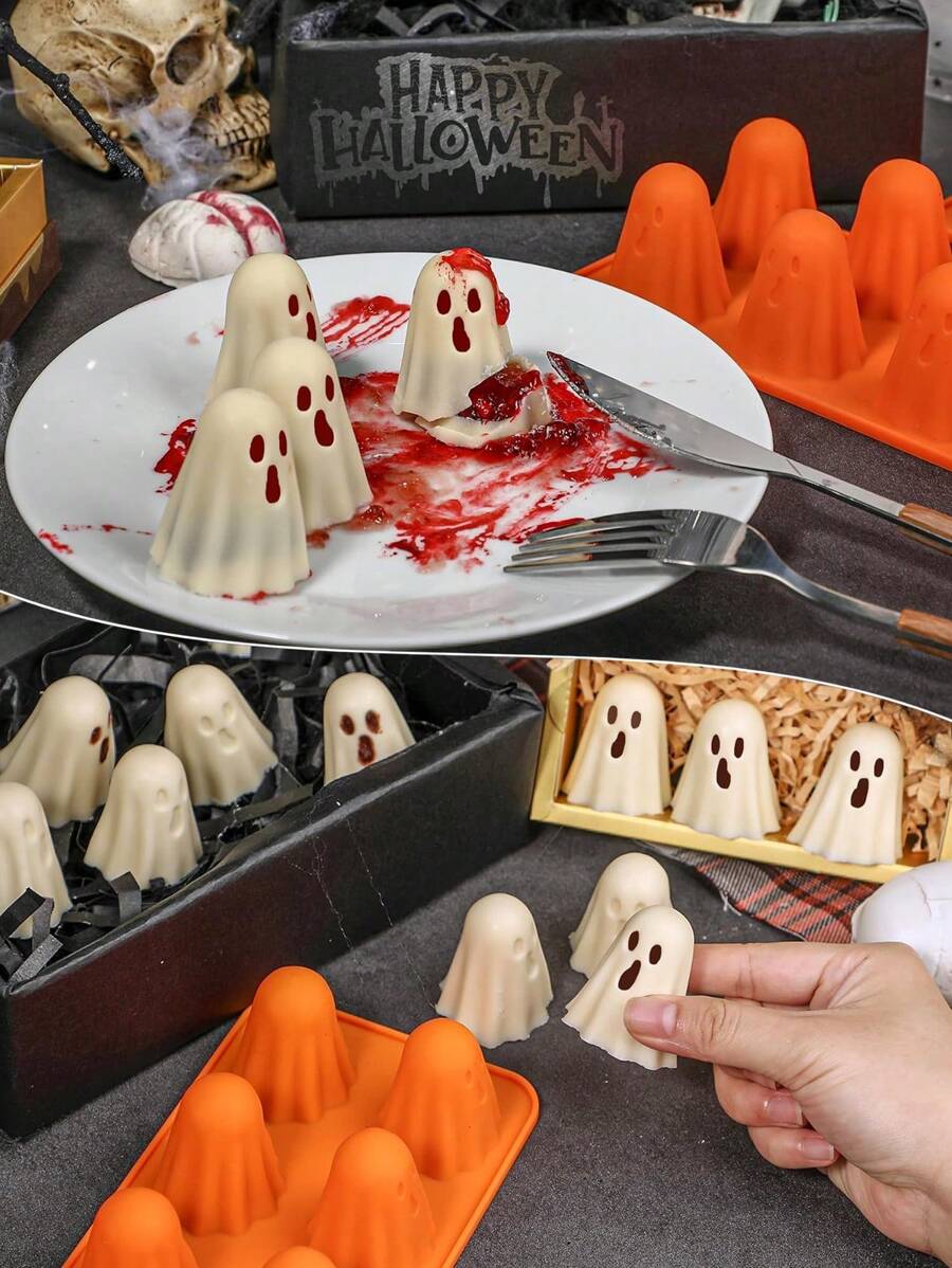 1pc Pumpkin & Ghost Chocolate Mold, Halloween Candy Mold, Holiday Party Ghost Ice Cube Mold, Dessert Mold, Halloween Party Beverage Ice Cube Mold, Can Make Multiple Small Ghost Chocolates, Suitable For Halloween, Parties, Holidays, Gatherings, Cocktail Parties