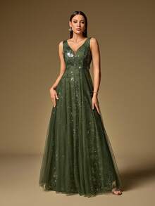 Đầm chữ A không tay cổ chữ V phối họa tiết hoa, đính sequin và lưới, dành cho nữ, kiểu dáng thanh lịch, thích hợp cho lễ tốt nghiệp, sự kiện thảm đỏ và các buổi dạ tiệc. - Màu xanh Ô liu - Xem 5