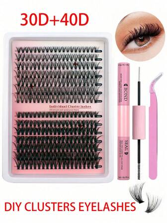 DIY 睫毛 D 卷曲，浓密睫毛簇，含睫毛胶和密封胶以及涂抹工具，方便在家自行涂抹，单根睫毛 DIY 睫毛延长 40D 30D，迷你旅行化妆簇假睫毛套装，D 卷曲睫毛簇，方便在家自行涂抹