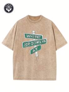 Vintage Creative Pattern "WHERE BROOKLYN AT" Printed Washed T-Shirt Heavyweight 230g Pure Cotton Washed T-Shirt Drop Shoulder T-Shirt Women's Vintage Street T-Shirt Basic T-Shirt Loose Hip-Hop Unisex Top Washed Vintage T-Shirt - 咖啡 - 查看 1