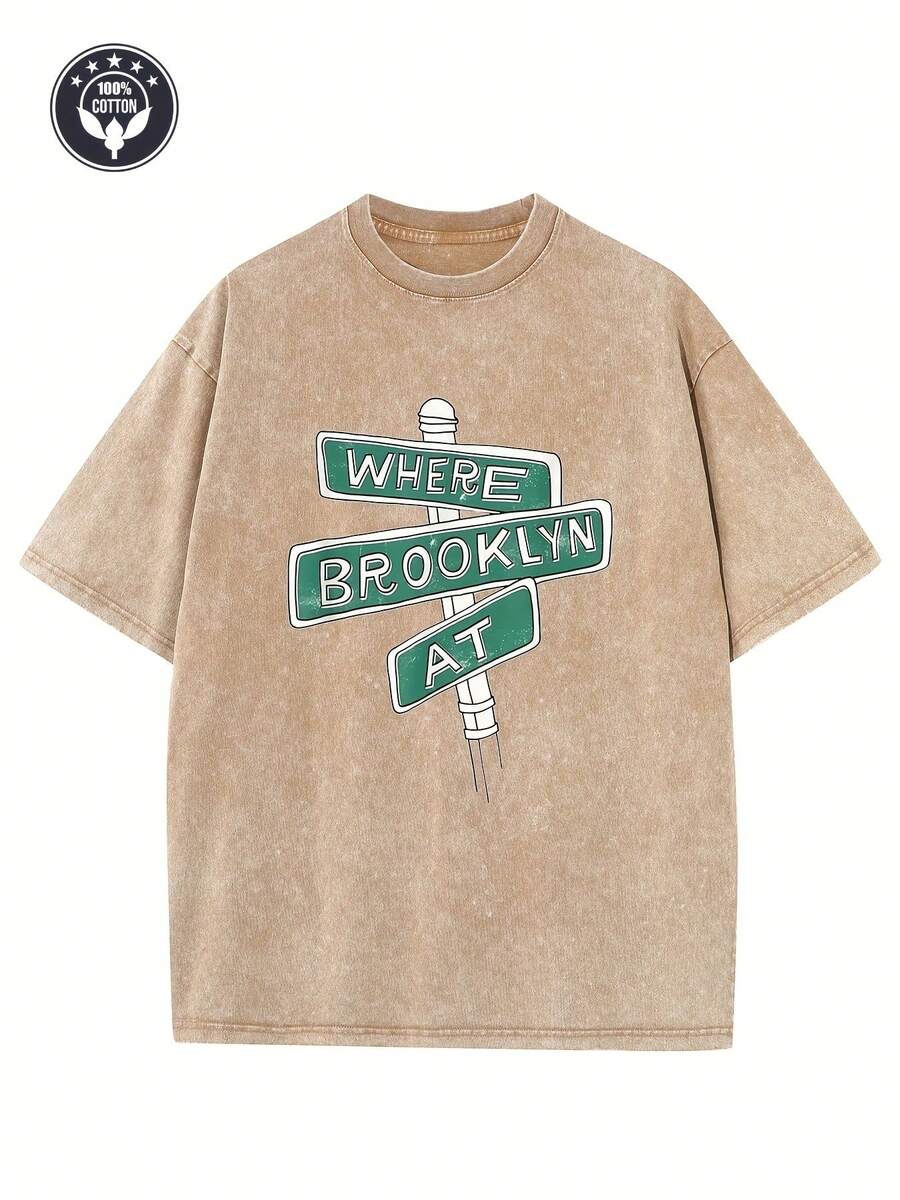 Vintage Creative Pattern "WHERE BROOKLYN AT" Printed Washed T-Shirt Heavyweight 230g Pure Cotton Washed T-Shirt Drop Shoulder T-Shirt Women's Vintage Street T-Shirt Basic T-Shirt Loose Hip-Hop Unisex Top Washed Vintage T-Shirt - 咖啡 - 查看 1