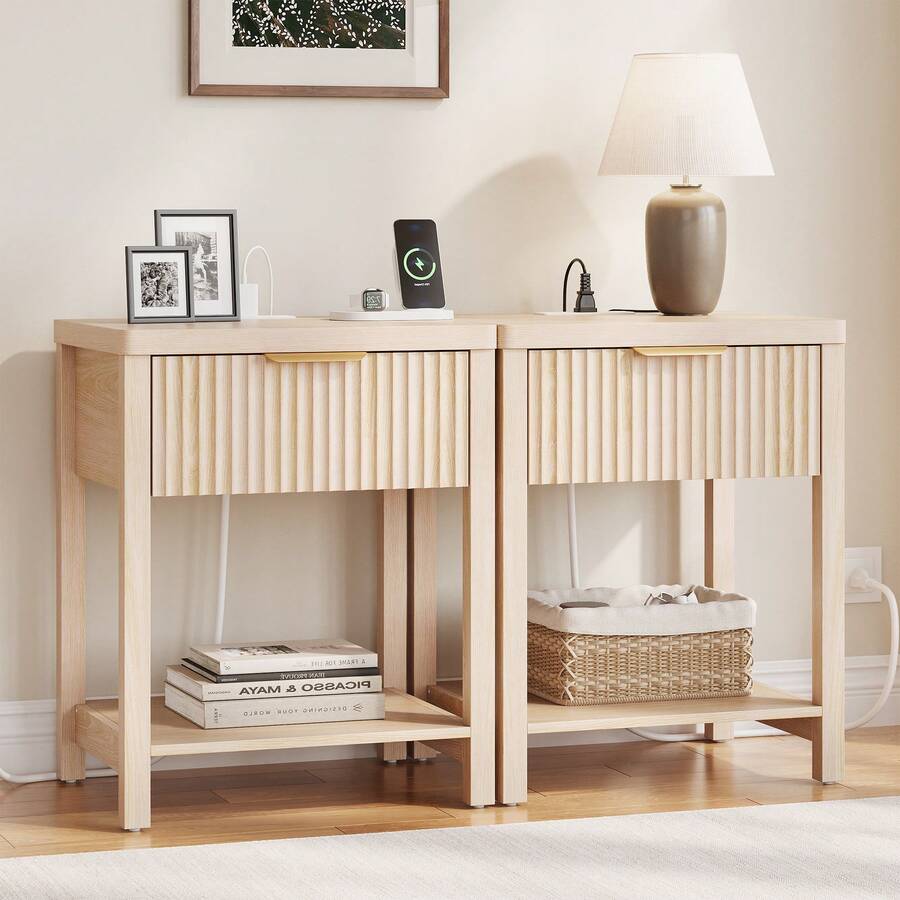 GIKPAL Fluted Nightstand With Charging Station Set Of 2 - Boho Bedside Table For Bedroom, Drawer + Open Shelf, White Modern Night Stand With USB/Type-C Ports, Natural - Xem 1
