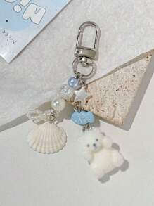 1pc Unisex Cartoon Flocked Small White Bear Keychain, Cute Shell Small Accessory, Student Personalized Phone Case Bag Pendant Bag Accessories Lanyards With Id Holder Car Accessories Bag Charms - Multicolor - View 2