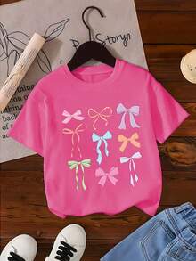 Tween Girls' Bow Print Round Neck T-Shirt, Casual Soft Top For Spring/Summer - Hot Pink - View 4