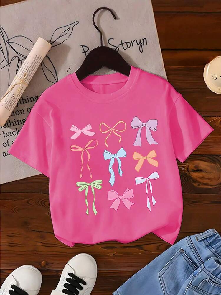 Camiseta de cuello redondo con estampado de moño para niñas preadolescentes, top casual suave para primavera/verano - Rosa Fucsia - Añade 4