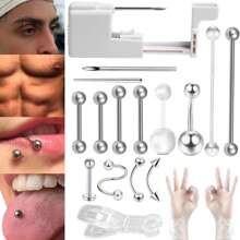 8 PCS Professional Body Piercing Kit For Belly Button/Lip/Tongue/Ear/Navel, Safe Piercing Gun Kits, Body Piercing Needle Tool Kits Stainless Steel For Women Men