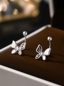 FOREVER QUEEN 1 PC 925 Sterling Silver Dangle Belly Button Rings Belly RingButterfly Belly Button Ring Dangling CZ Belly Screw Navel Barbell Piercing Jewelry For Women