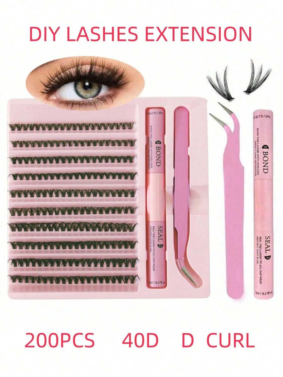 200 PCS D Curl DIY Lashes Extension Kit Lash Bond And Seal Remover Eyelashes Clusters Makeup Tools For Gluing Lashes Gluing Glue - Black - View 1
