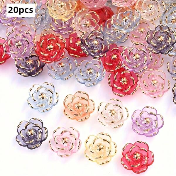 20 pièces Perles en acrylique en forme de fleur de 20 mm, roses et camélias. Convient pour la création de bijoux DIY, bracelets, décorations de chaîne de téléphone, porte-clés et artisanat fait main