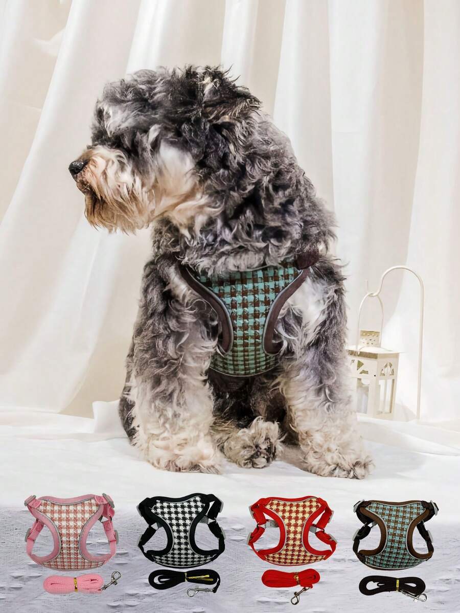 Small And Medium-Sized Dogs Harness And Leash Set, Step In Puppy Vest With Breathable Soft Mesh, Walking Reflective Pet Harness For Small Dogs Houndstooth Check Spliced Cat Harness For Outdoor Use