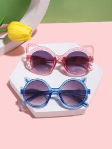 2 件装 女童 9-14 岁亚克力太阳镜 可爱圆形猫耳框领结配饰 时尚粉色眼镜 适合夏季外出和毕业礼物