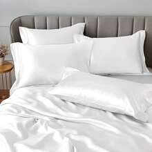 4/6 Pieces Solid Satin Luxury Sheet Set With 1*Flat Sheet,1*Fitted Sheet,4*Pillowcases Without Core,Luxury Silky With Natural Sheen,Elastic 14" Pocket Fits Up To 16" Mattress,Soft Comfortable Breathable Bedding Mattress Protector Set,All-Season Elegant Home Textile For Full-Queen-King-California King Size,Ideal Festive Celebrations Holiday Gift For Bedroom Decor - Trắng - Xem 1