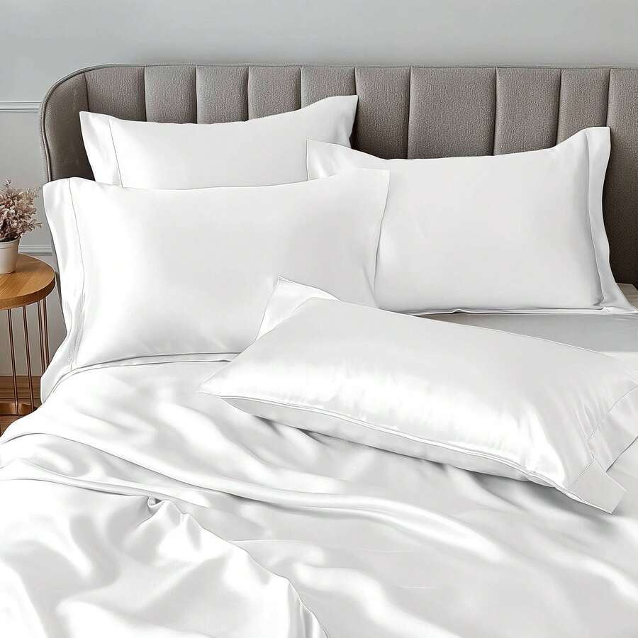 4/6 Pieces Solid Satin Luxury Sheet Set With 1*Flat Sheet,1*Fitted Sheet,4*Pillowcases Without Core,Luxury Silky With Natural Sheen,Elastic 14" Pocket Fits Up To 16" Mattress,Soft Comfortable Breathable Bedding Mattress Protector Set,All-Season Elegant Home Textile For Full-Queen-King-California King Size,Ideal Festive Celebrations Holiday Gift For Bedroom Decor - Trắng - Xem 1