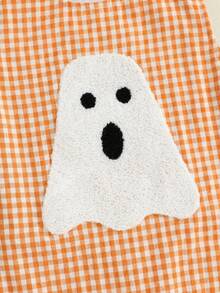 Baby Boy Halloween Clothes, Baby Pumpkin Outfits, Ghost Baby Clothes Boy, Newborn Boy Summer Overalls, Ghost/Pumpkin Embroidered Plaid Crew Neck Sleeveless Jumpsuit For Fall