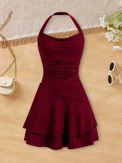 Girls' Fashion Waist-Cinched Cross-Back Open Backless Dress