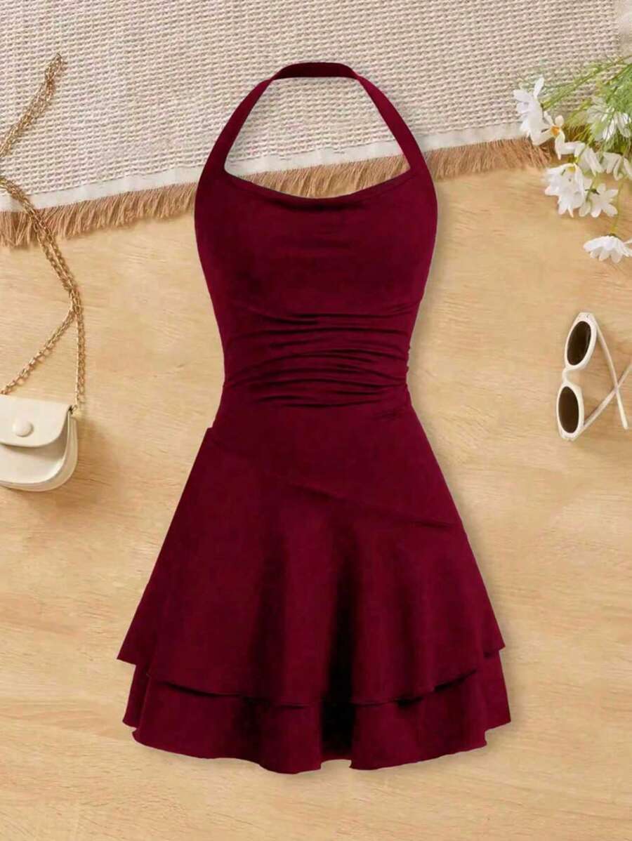 Girls' Fashion Waist-Cinched Cross-Back Open Backless Dress