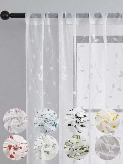 1pc Embroidered Sheer Curtains, Floral Leaf Pattern, Rod Pocket, UV Protection, Breathable, Transparent, Polyester, Rod Pocket, No Lining, For Living Room, Bedroom, Dining Room
