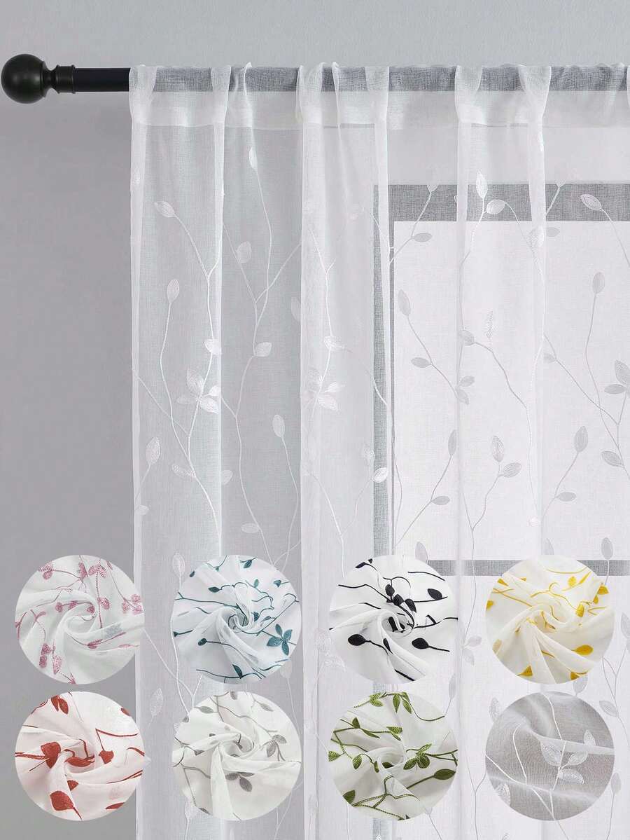 1 件刺绣薄纱窗帘，花卉图案，带杆套，防紫外线，透气，透明，涤纶，带杆套，无衬里，适用于客厅、卧室、餐厅 - 白色 - 查看 1