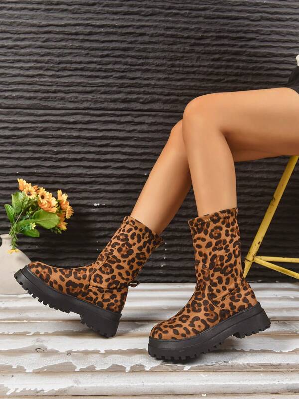 Women's Fashion Leopard Print Knee-High Boots Slip-On Elastic Boots Thick Heel Chunky Rider Boots, Fashion Boots, Warm Boots For Autumn/Winter, Suitable For Parties, Events, Holidays Women's Fashionable Solid Color Mid-Calf Boots All-Day Comfortable Walking Shoes, Suitable For Formal And Outdoor Wear Boots