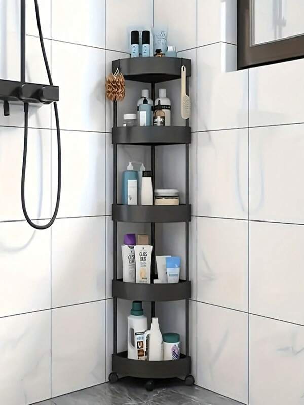 One Three-Layer/Four-Layer/Five-Layer Plastic Triangular Roller Storage Rack And A Floor-Standing Shower Stand. It Can Effectively Save The Storage Space Of Bathroom Items, Store Toiletries And Daily Necessities In The Bathroom.