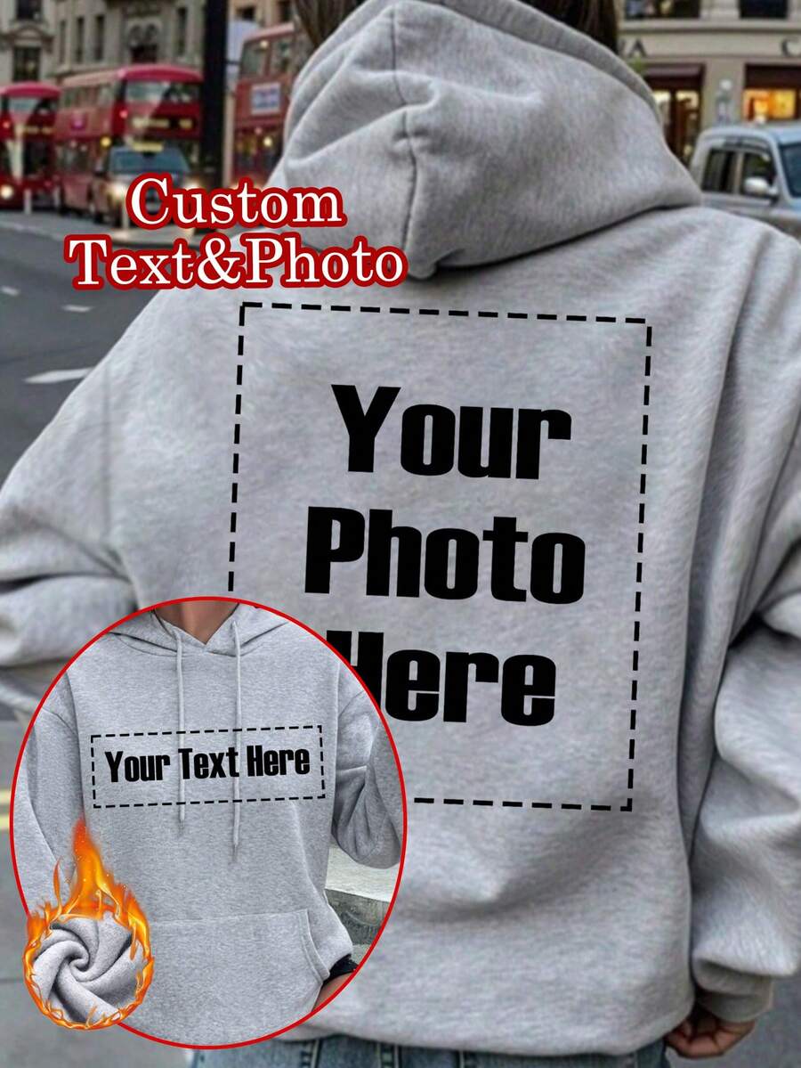 Custom Women's Hooded Sweatshirt With Pockets - Custom Thickened Sweatshirt, Add Text And Photos, Customize The Front And Back Of The Sweatshirt, Front Text, Back Photo, Custom Autumn And Winter Special Hooded Sweatshirt, Halloween, Christmas Customization, Design Personalized Printed Sweatshirt, As A Gift For Girlfriends, Family, Yourself