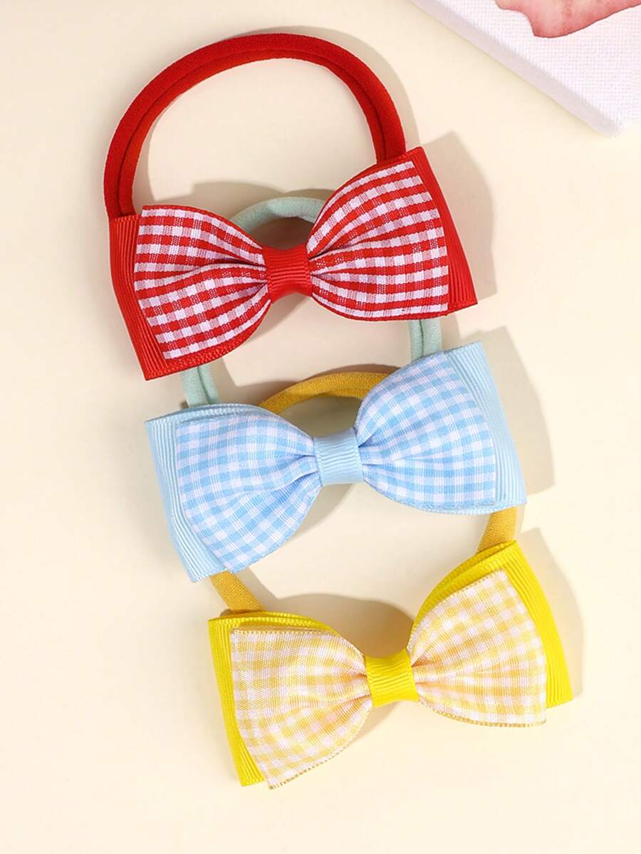 3 件彩色格子蝴蝶结发带，适合女婴，红黄浅蓝色婴儿头带，柔软有弹性的婴儿头带，日常头饰礼物，甜美头饰，婴儿配饰。 - 彩色 - 查看 1