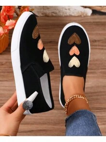 Tenis casuales para mujer, corazones dibujados, punta redonda, sin cordones, suela plana, estilo versátil para uso diario y salidas